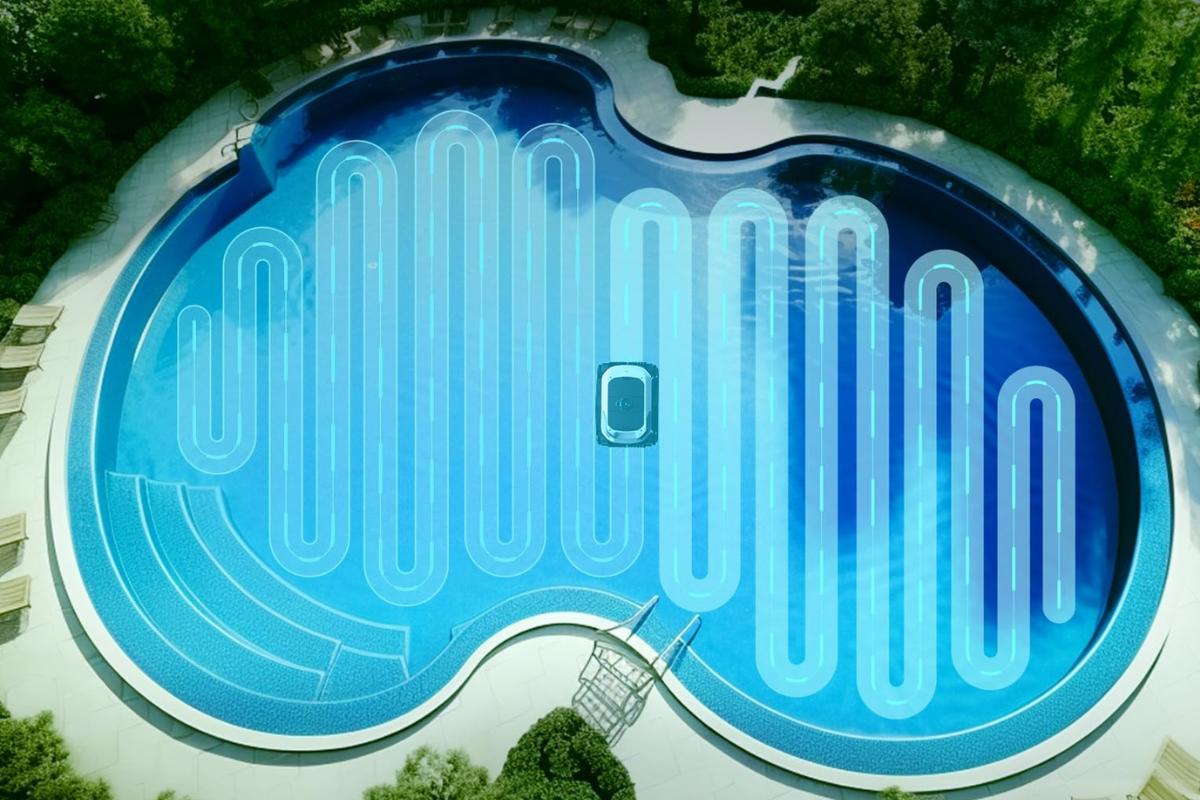 Der Degrii Zima Pro 2024 Poolroboter navigiert in Schlangenlinien in einem Swimmingpool.